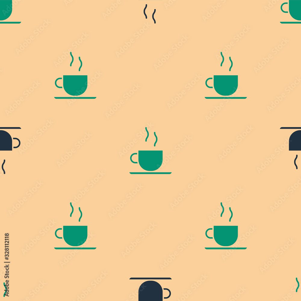 Green and black Coffee cup icon isolated seamless pattern on beige background. Tea cup. Hot drink co