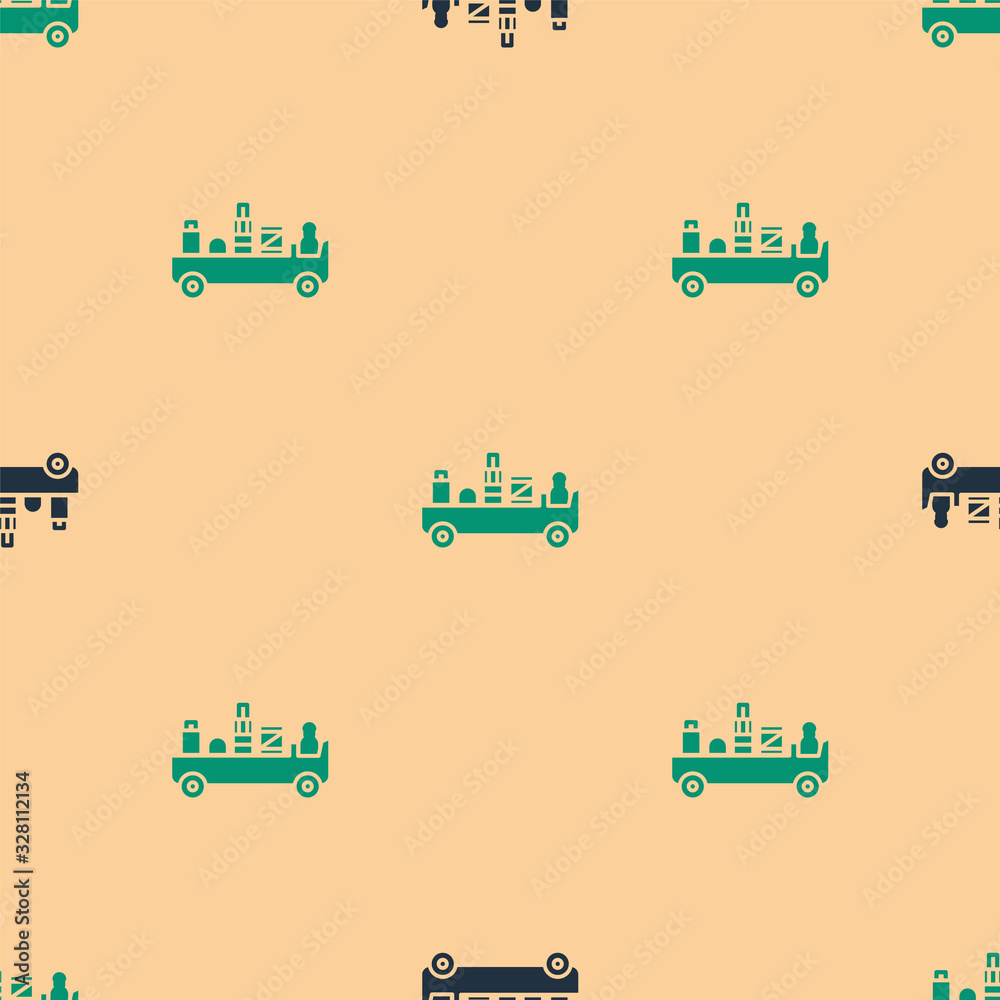 Green and black Airport luggage towing truck icon isolated seamless pattern on beige background. Air