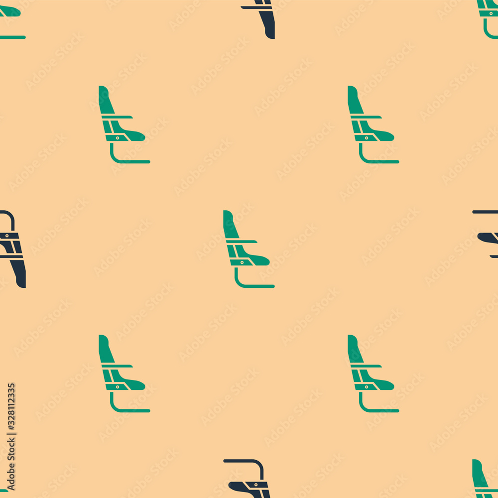 Green and black Airplane seat icon isolated seamless pattern on beige background. Vector Illustratio