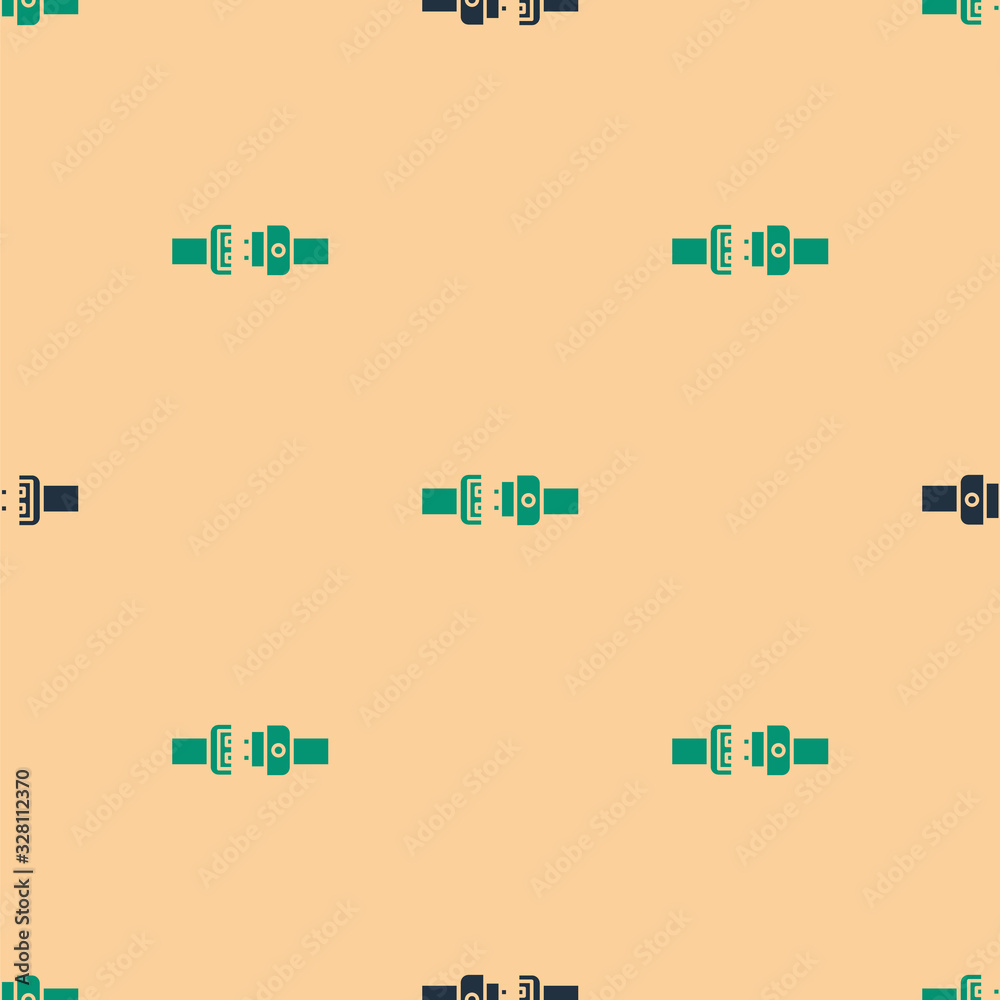 Green and black Safety belt icon isolated seamless pattern on beige background. Seat belt. Vector Il