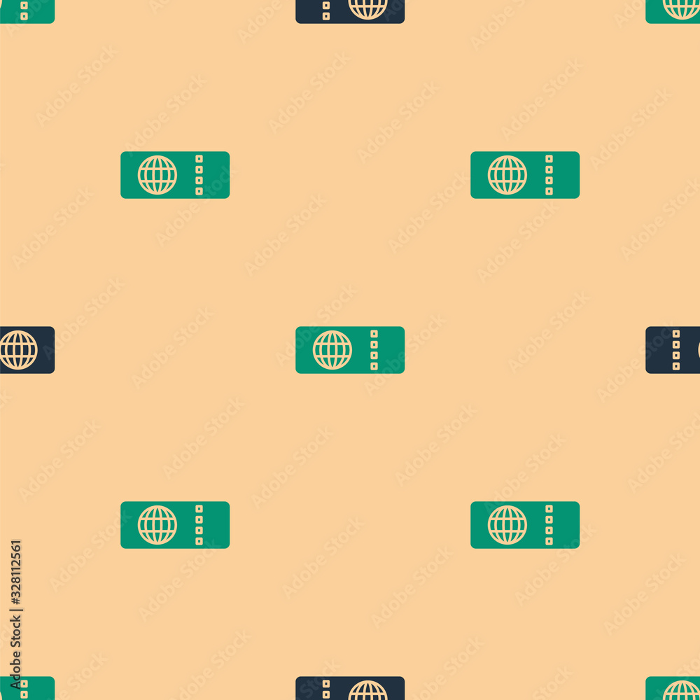 Green and black Airline ticket icon isolated seamless pattern on beige background. Plane ticket. Vec