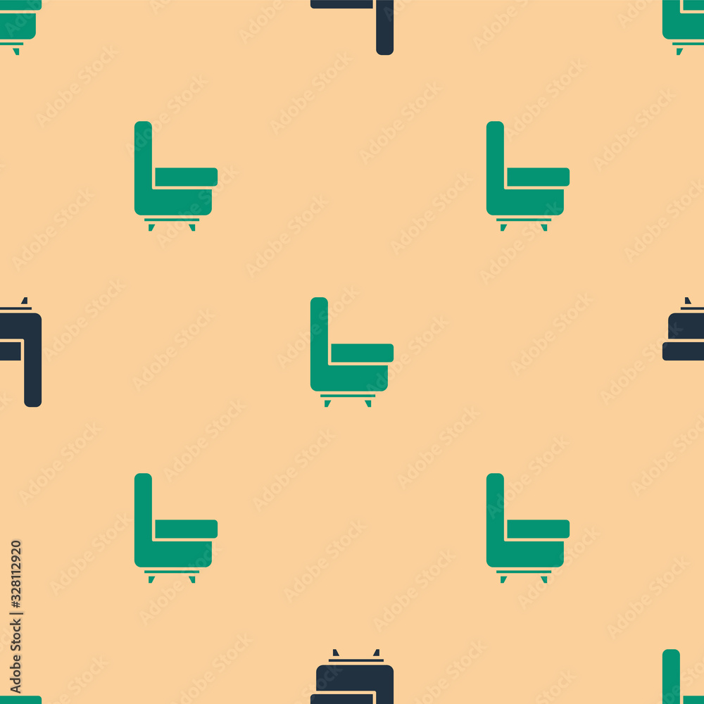 Green and black Armchair icon isolated seamless pattern on beige background. Vector Illustration