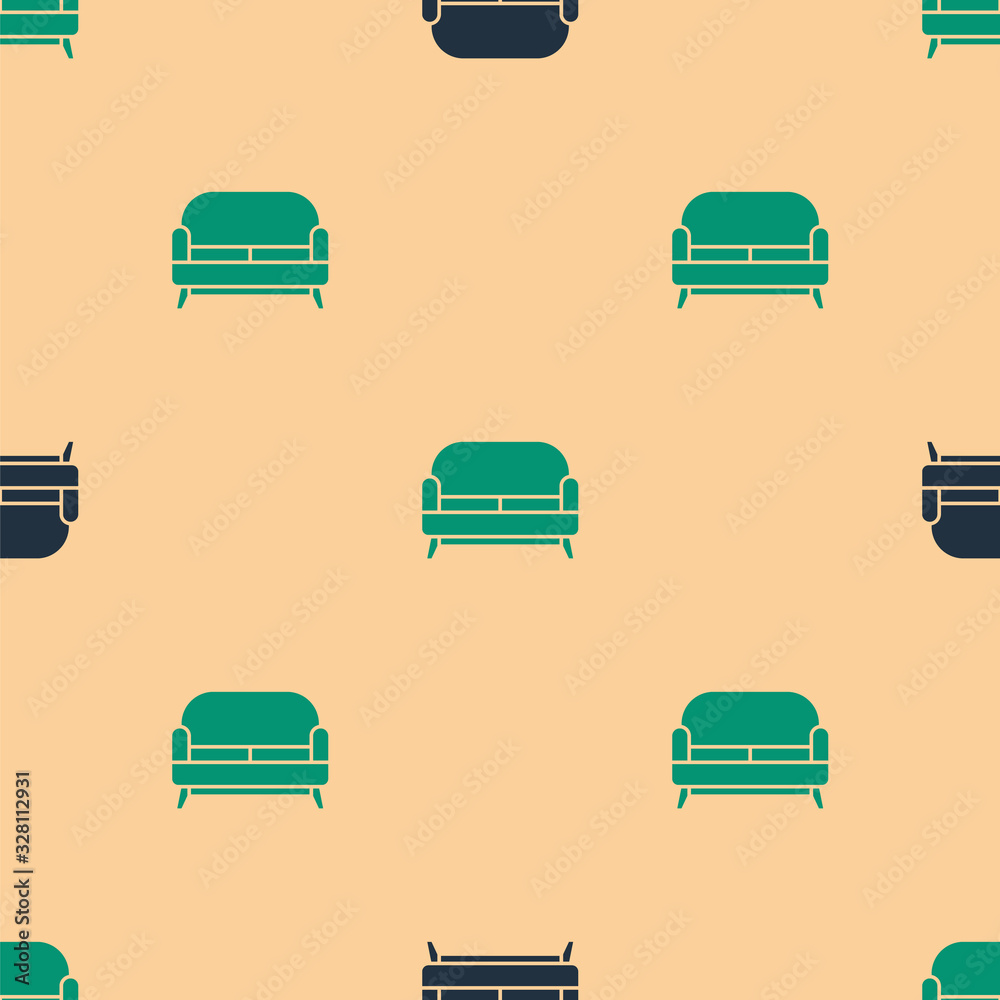 Green and black Sofa icon isolated seamless pattern on beige background. Vector Illustration