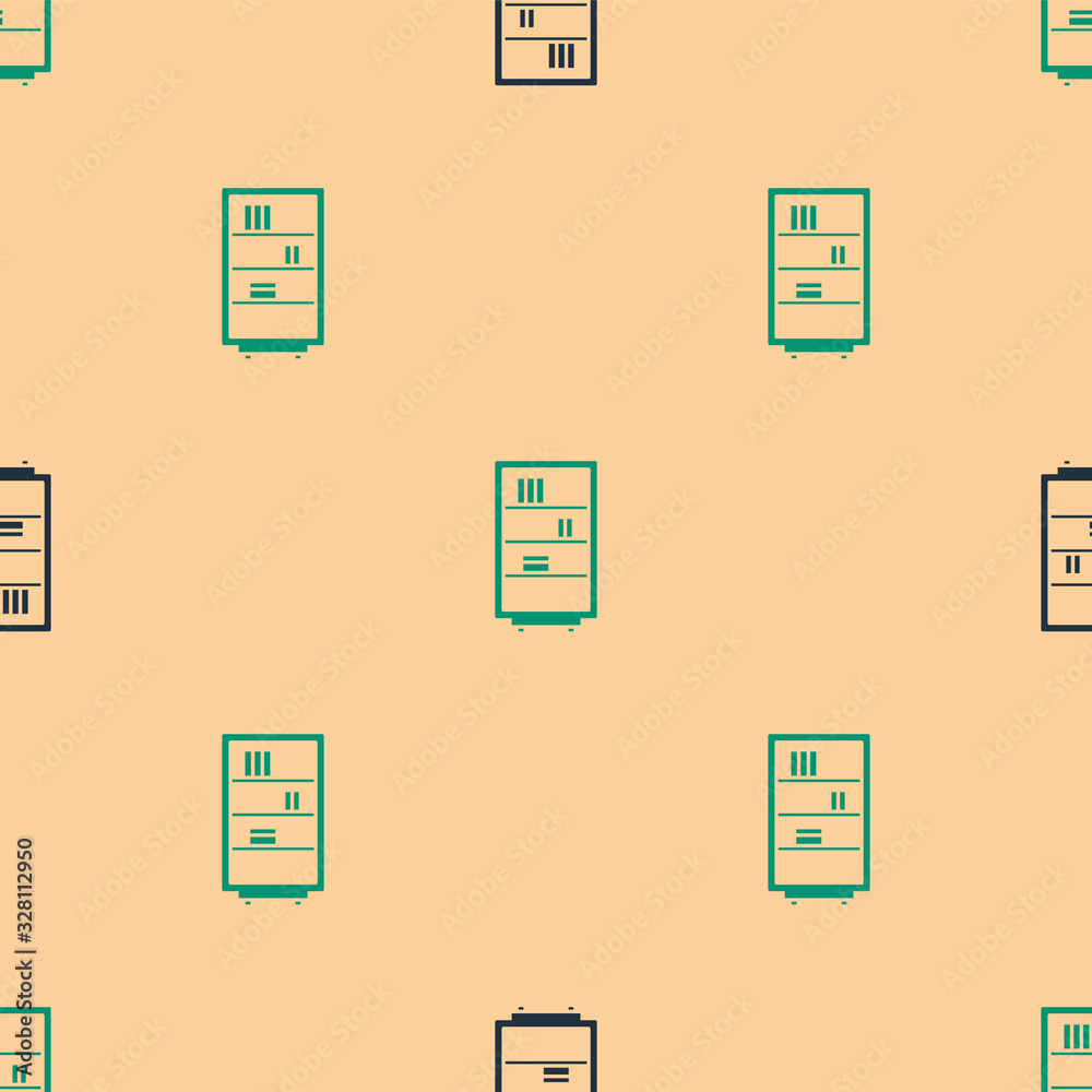 Green and black Library bookshelf icon isolated seamless pattern on beige background. Vector Illustr