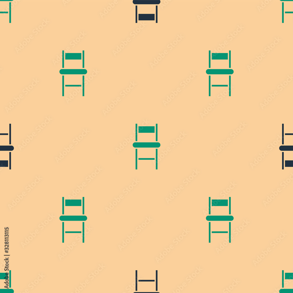 Green and black Chair icon isolated seamless pattern on beige background. Vector Illustration