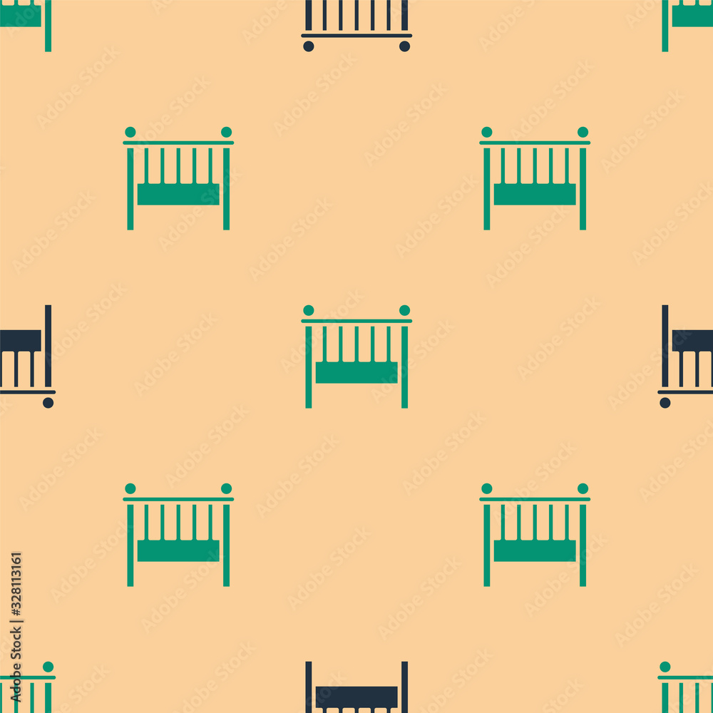 Green and black Baby crib cradle bed icon isolated seamless pattern on beige background. Vector Illu