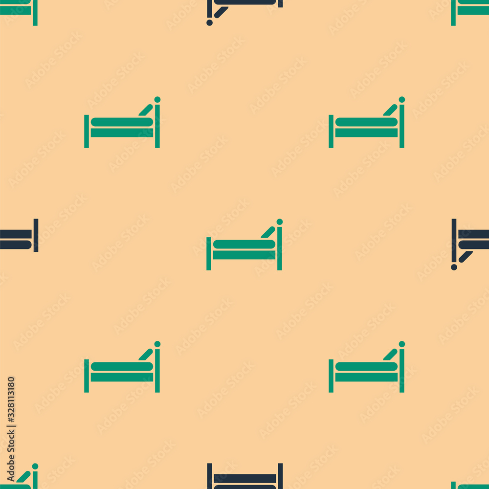 Green and black Bed icon isolated seamless pattern on beige background. Vector Illustration