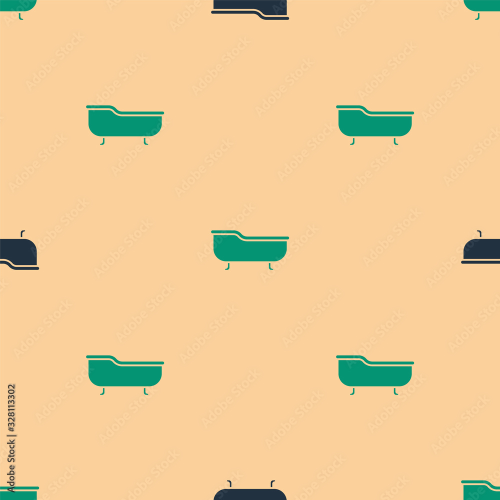 Green and black Bathtub icon isolated seamless pattern on beige background. Vector Illustration