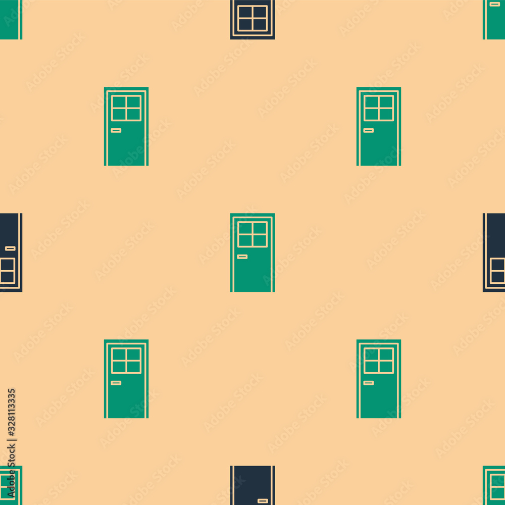 Green and black Closed door icon isolated seamless pattern on beige background. Vector Illustration