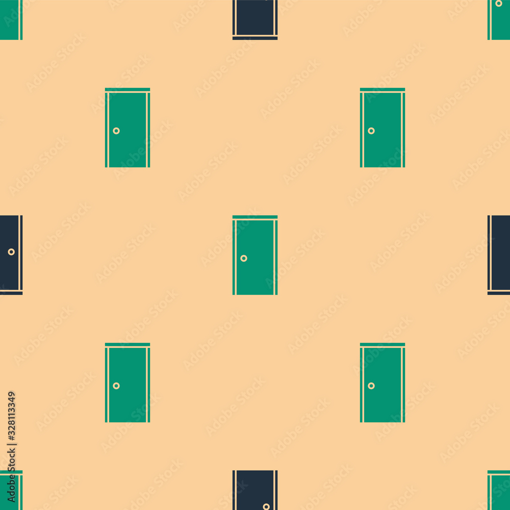 Green and black Closed door icon isolated seamless pattern on beige background. Vector Illustration