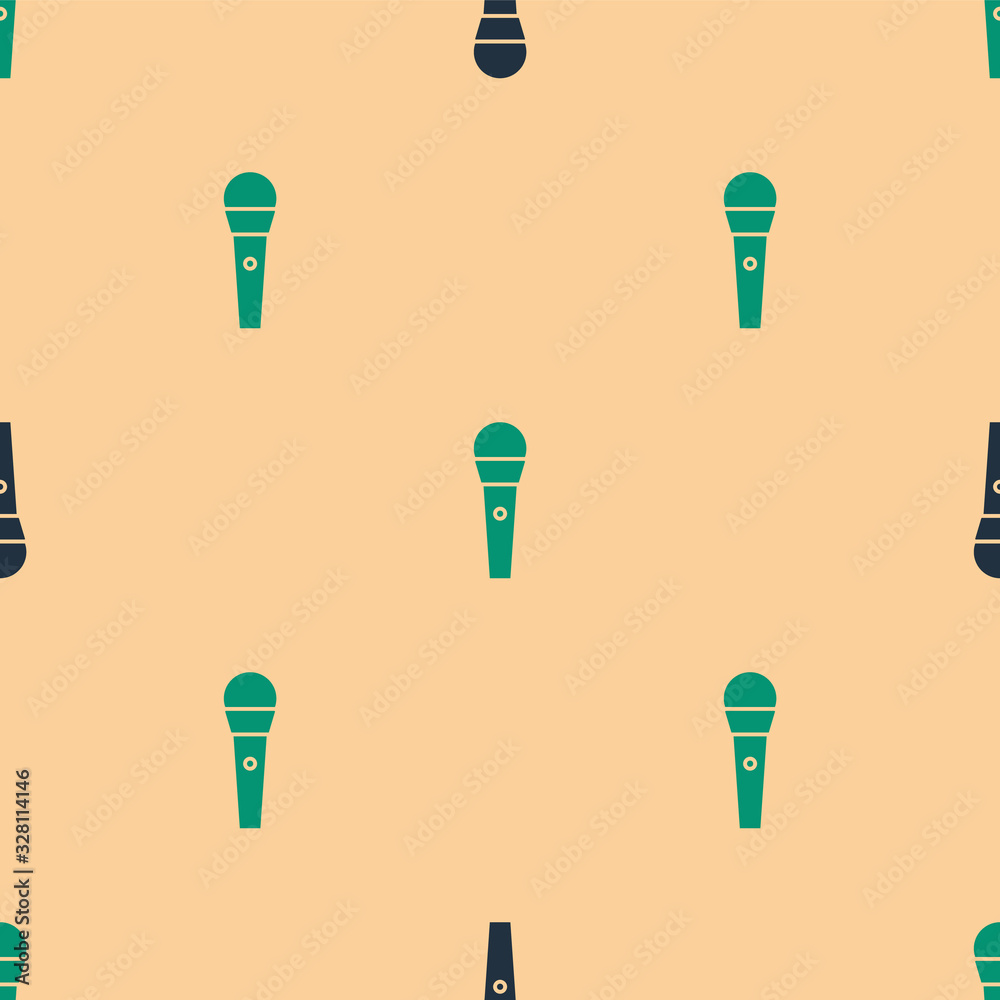 Green and black Karaoke icon isolated seamless pattern on beige background. Microphone and monitor. 