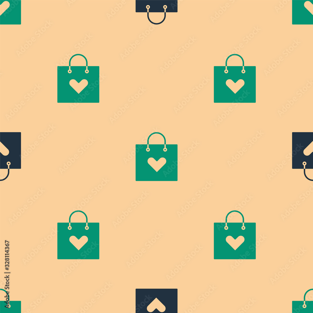 Green and black Shopping bag with heart icon isolated seamless pattern on beige background. Shopping