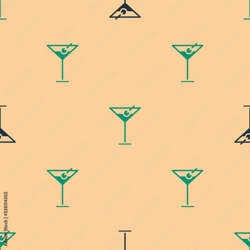 Green and black Martini glass icon isolated seamless pattern on beige background. Cocktail icon. Win