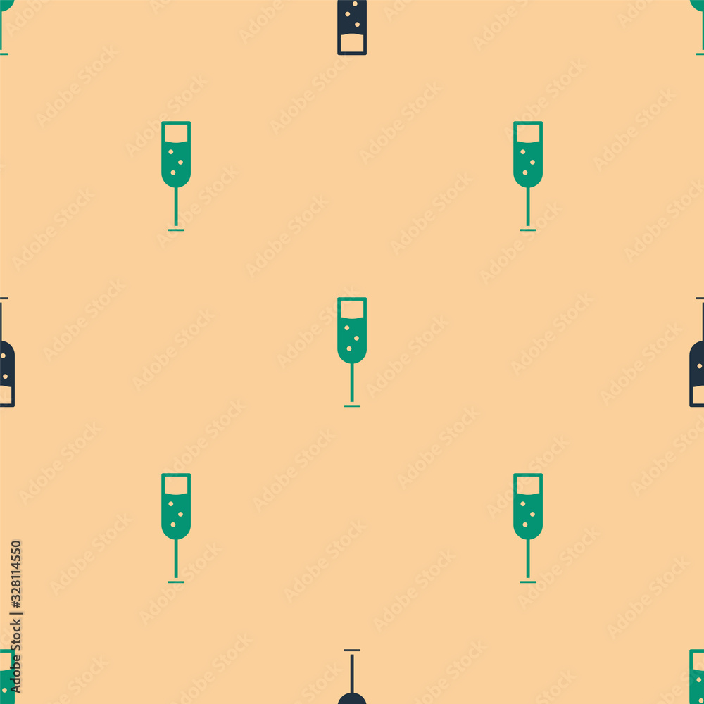 Green and black Glass of champagne icon isolated seamless pattern on beige background. Vector Illust