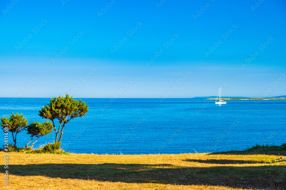 Croatia, beautiful Adriatic seascape shore on Dugi Otok island, sailing boat on horizon on Veli Rat