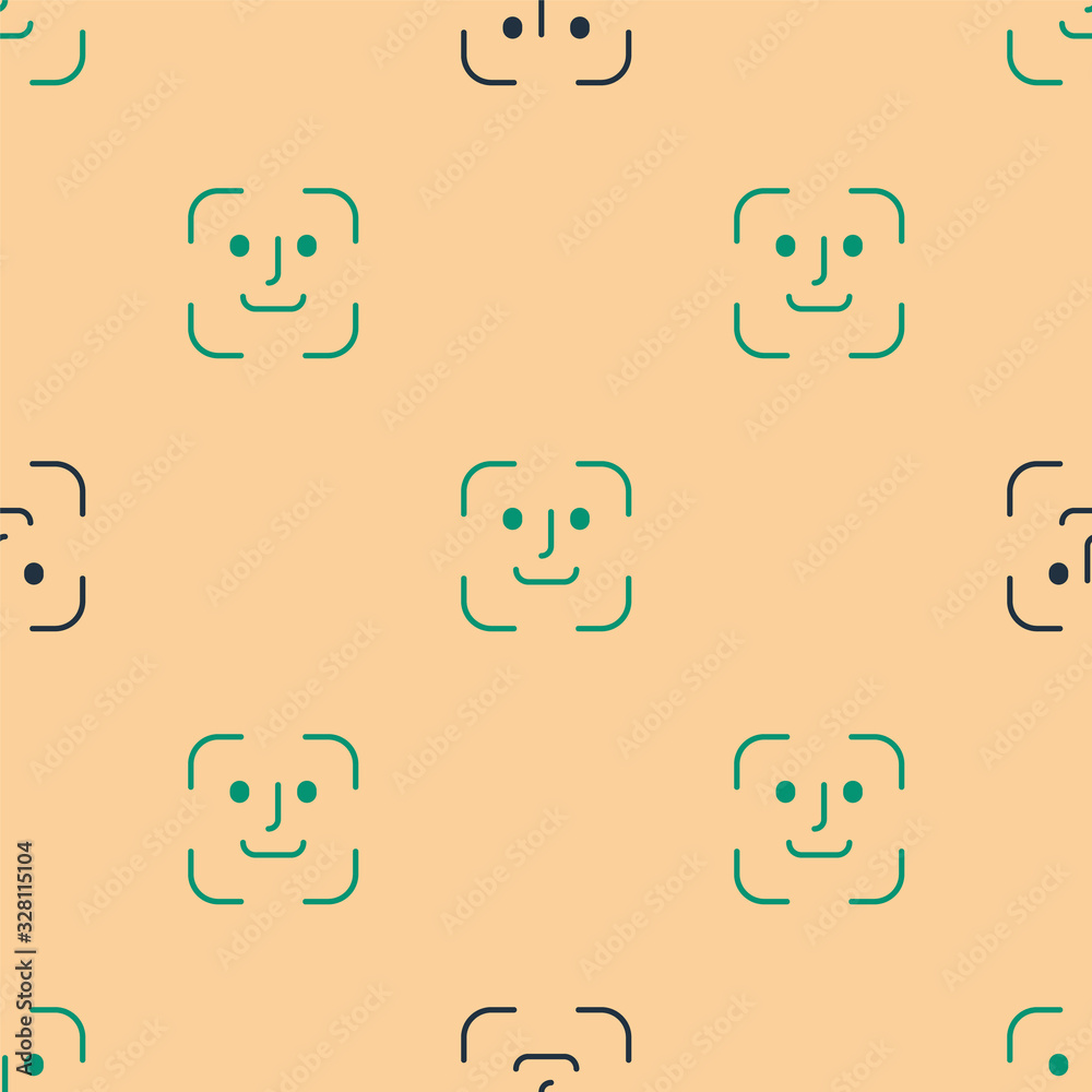 Green and black Face recognition icon isolated seamless pattern on beige background. Face identifica