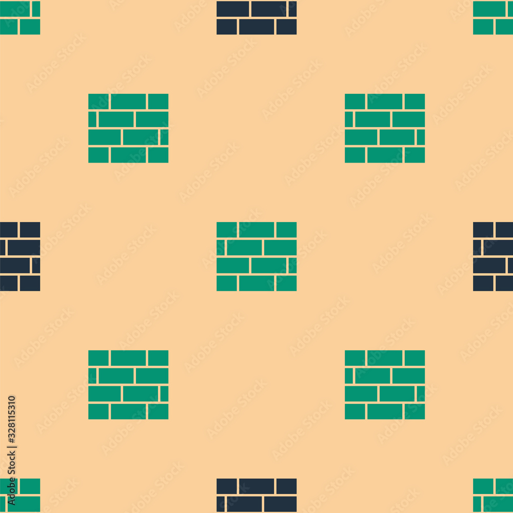 Green and black Bricks icon isolated seamless pattern on beige background. Vector Illustration