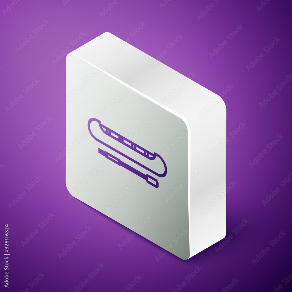 Isometric line Kayak and paddle icon isolated on purple background. Kayak and canoe for fishing and 