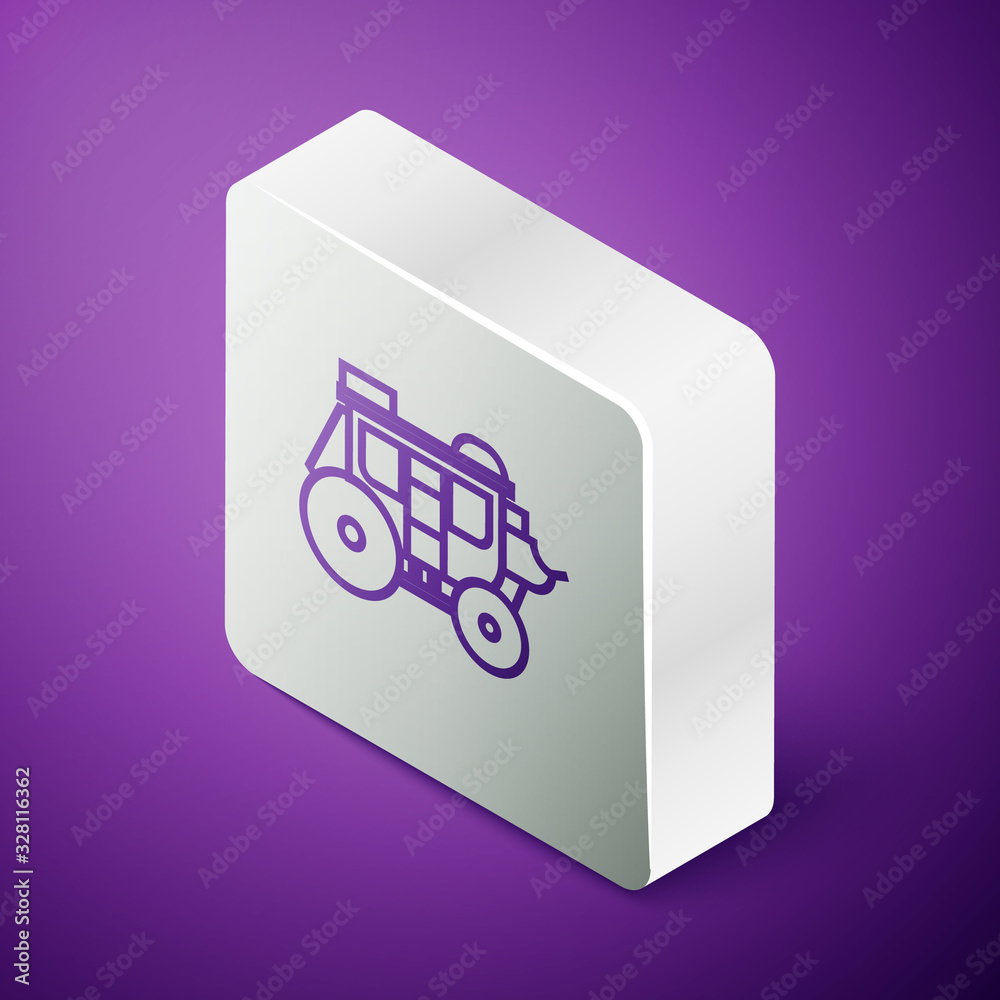 Isometric line Western stagecoach icon isolated on purple background. Silver square button. Vector I