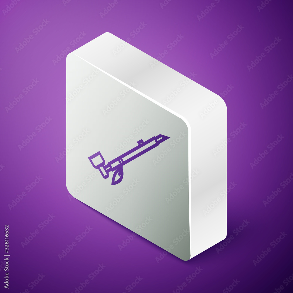 Isometric line Native American indian smoking pipe icon isolated on purple background. Silver square