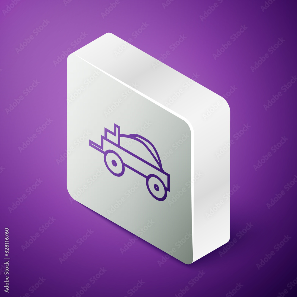 Isometric line Wild west covered wagon icon isolated on purple background. Silver square button. Vec