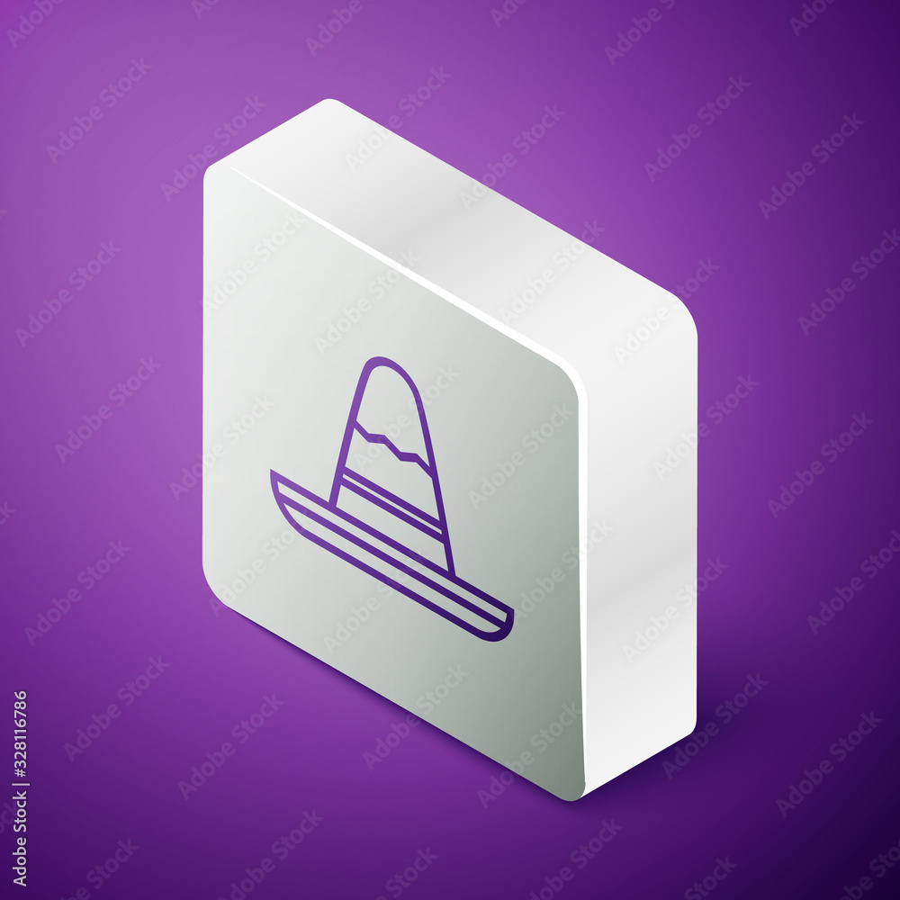 Isometric line Traditional mexican sombrero hat icon isolated on purple background. Silver square bu