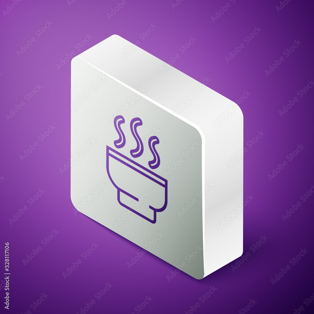 Isometric line Traditional Chinese tea ceremony icon isolated on purple background. Teapot with cup.