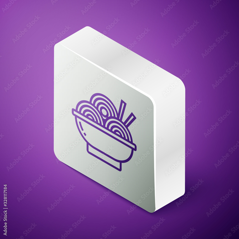 Isometric line Asian noodles in bowl and chopsticks icon isolated on purple background. Street fast 