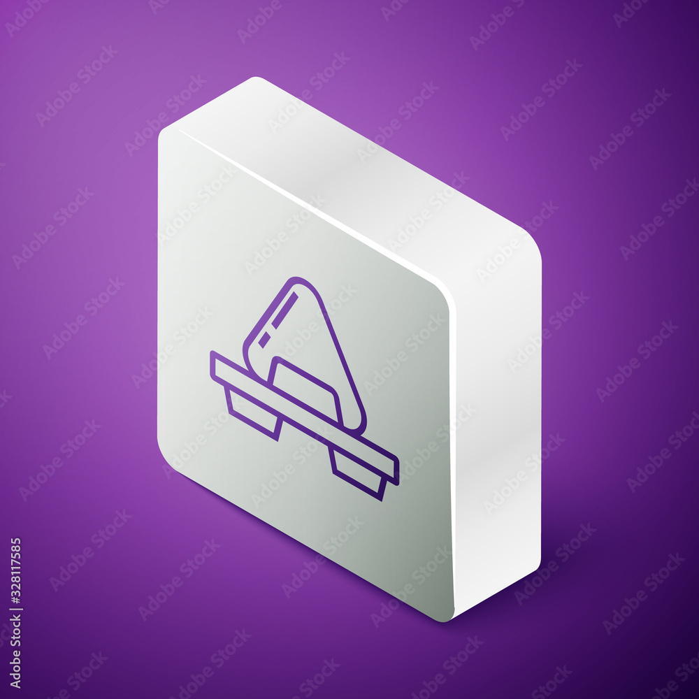 Isometric line Sushi on cutting board icon isolated on purple background. Asian food sushi on wooden