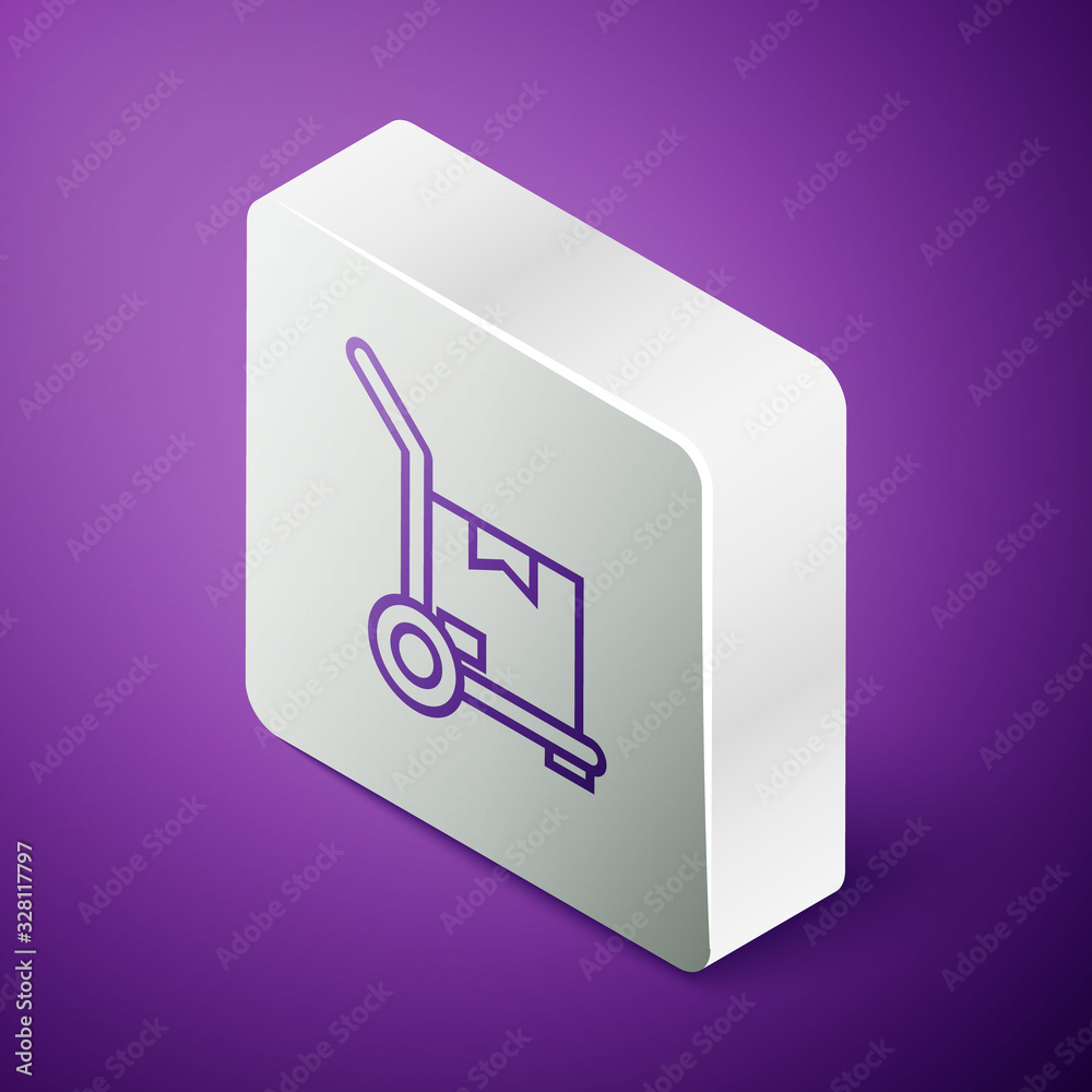 Isometric line Hand truck and boxes icon isolated on purple background. Dolly symbol. Silver square 