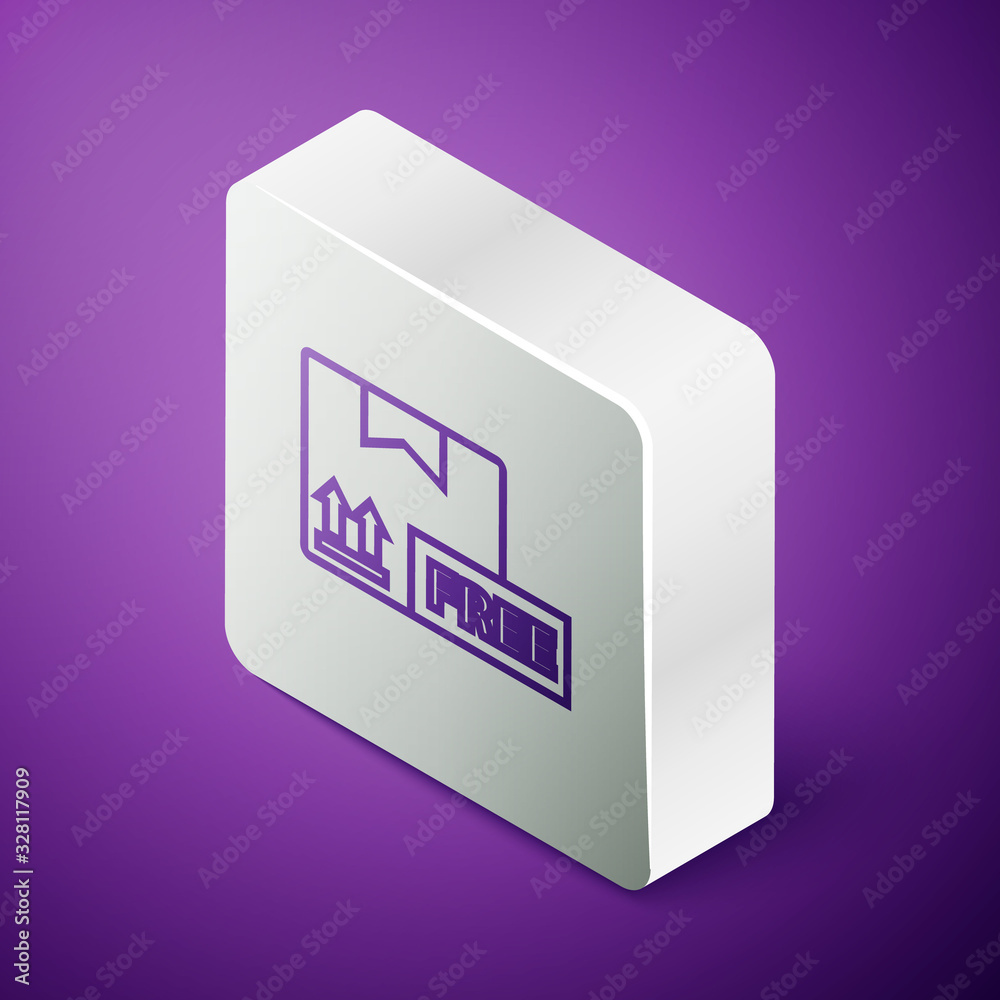 Isometric line Cardboard box with free symbol icon isolated on purple background. Box, package, parc