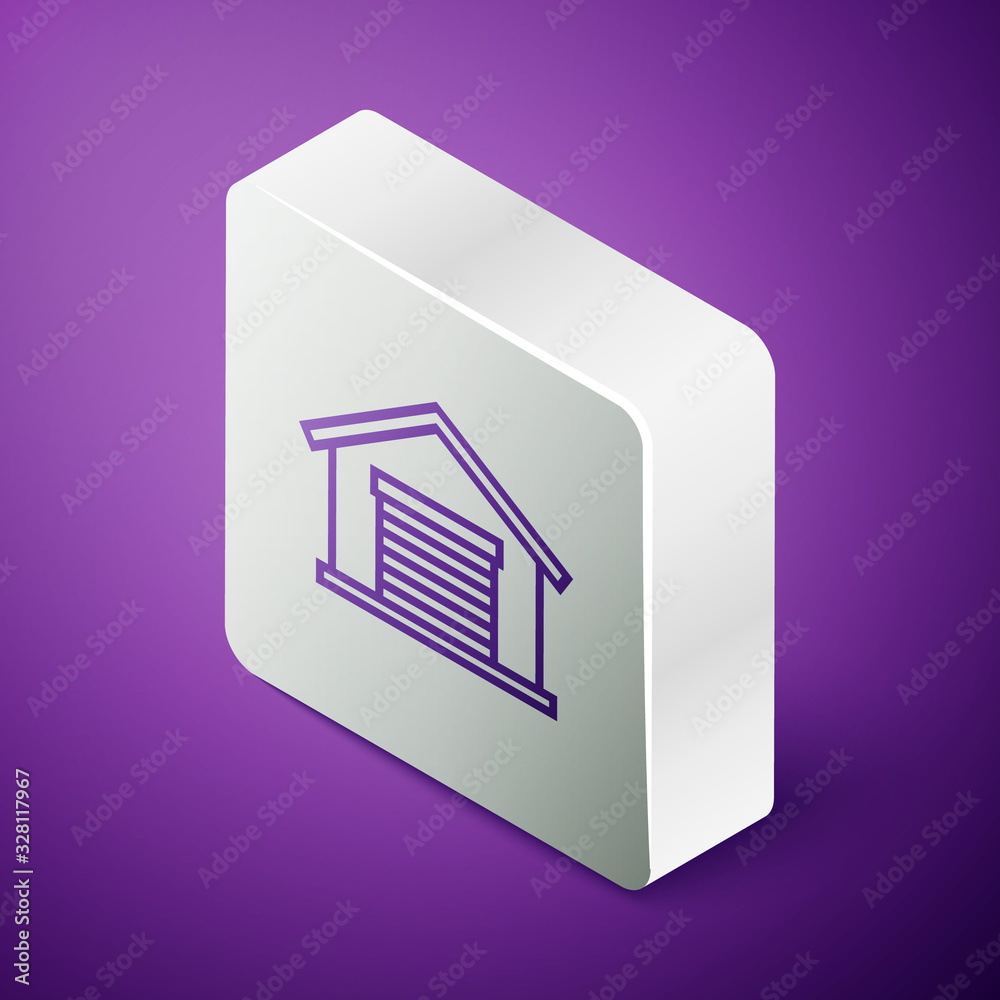 Isometric line Warehouse icon isolated on purple background. Silver square button. Vector Illustrati