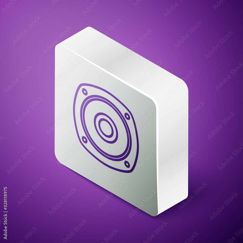 Isometric line Stereo speaker icon isolated on purple background. Sound system speakers. Music icon.