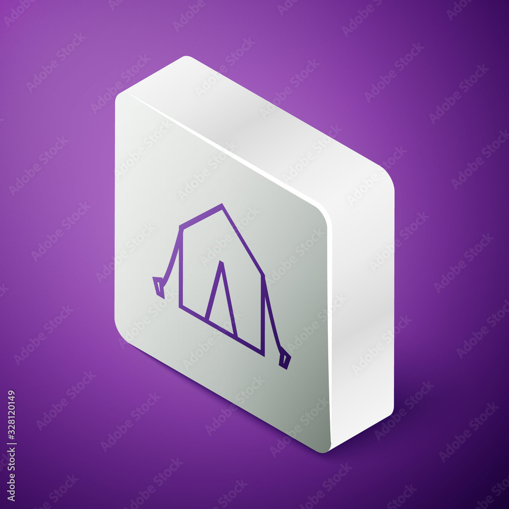 Isometric line Tourist tent icon isolated on purple background. Camping symbol. Silver square button