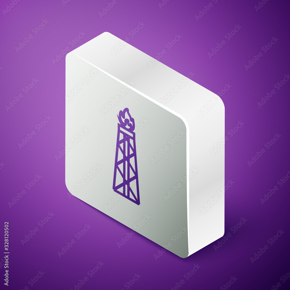 Isometric line Oil rig with fire icon isolated on purple background. Gas tower. Industrial object. S