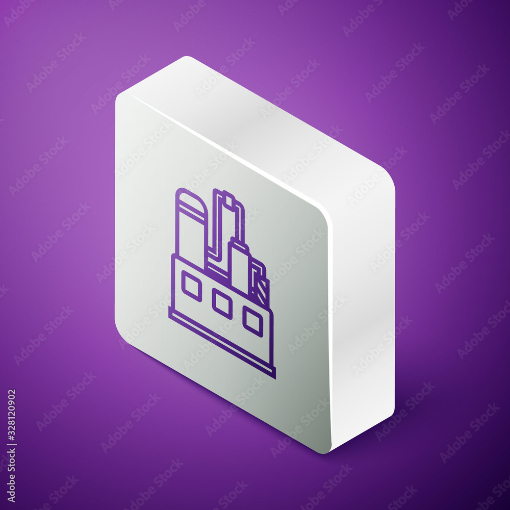 Isometric line Oil and gas industrial factory building icon isolated on purple background. Silver sq