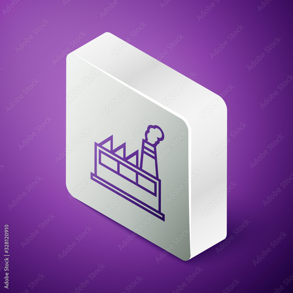 Isometric line Oil and gas industrial factory building icon isolated on purple background. Silver sq