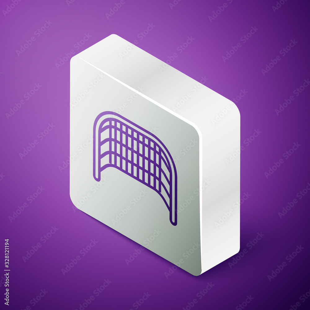 Isometric line Ice hockey goal with net for goalkeeper icon isolated on purple background. Silver sq