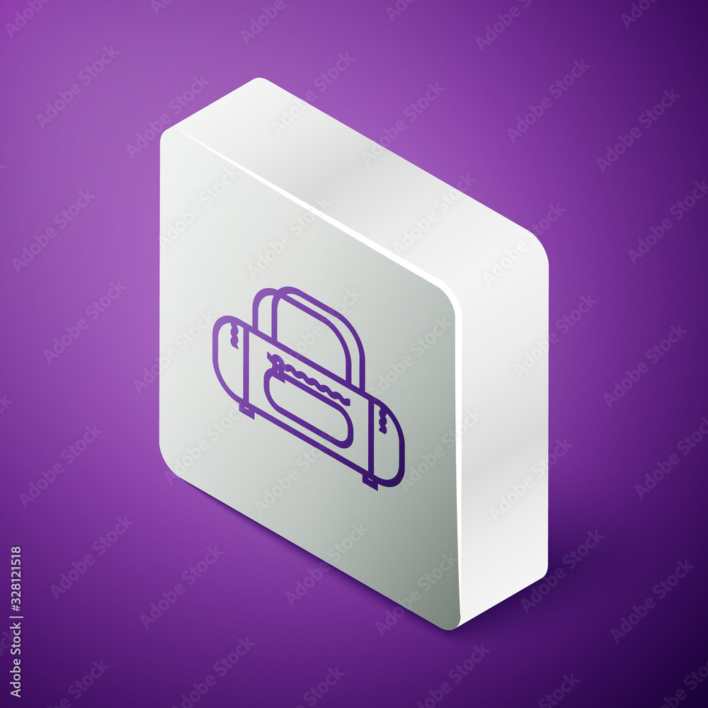 Isometric line Sport bag icon isolated on purple background. Silver square button. Vector Illustrati