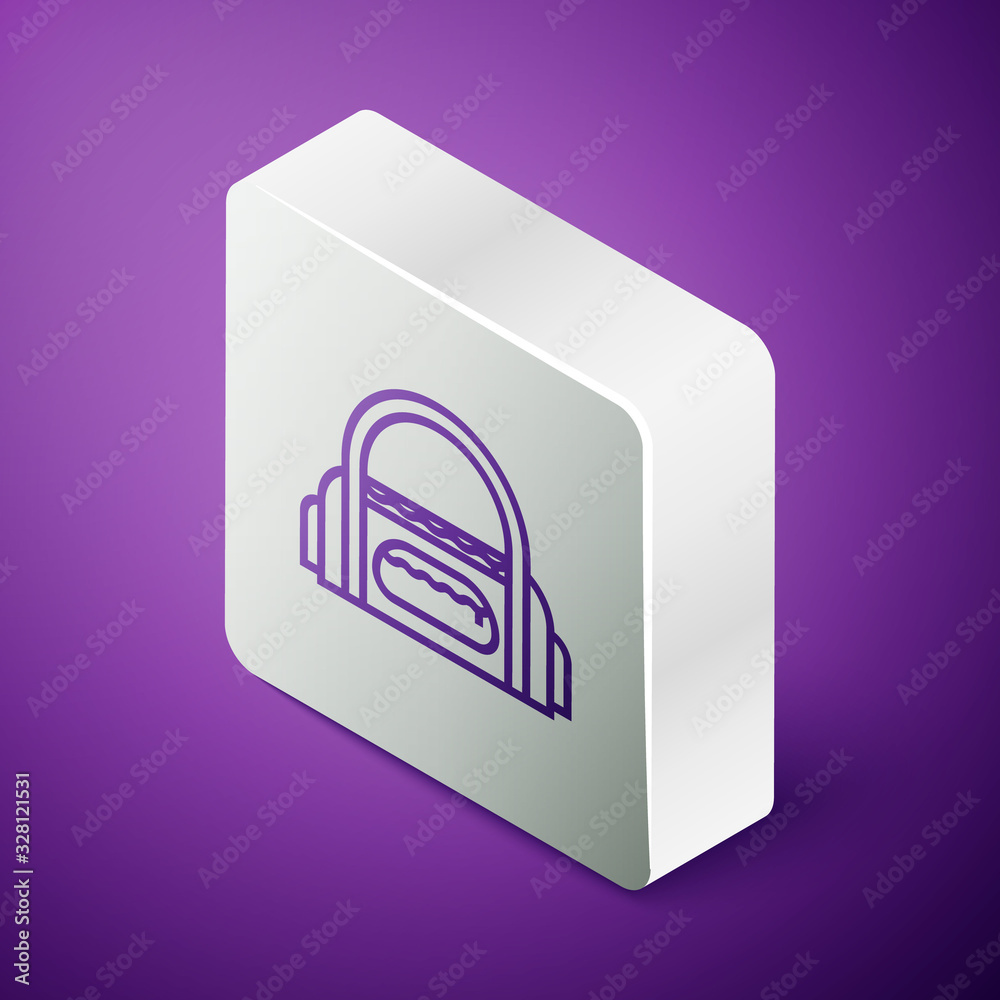 Isometric line Sport bag icon isolated on purple background. Silver square button. Vector Illustrati