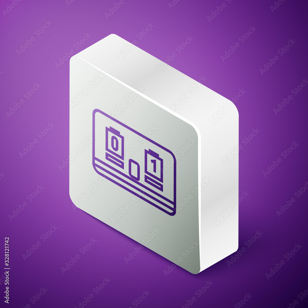 Isometric line Sport hockey mechanical scoreboard and result display icon isolated on purple backgro