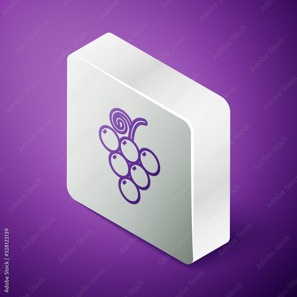 Isometric line Grape fruit icon isolated on purple background. Silver square button. Vector Illustra