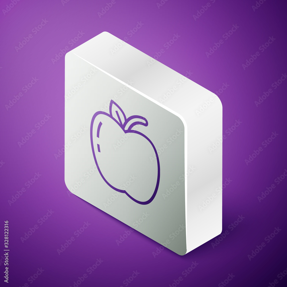 Isometric line Apple icon isolated on purple background. Fruit with leaf symbol. Silver square butto