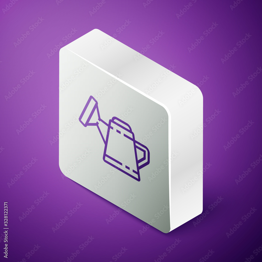 Isometric line Watering can icon isolated on purple background. Irrigation symbol. Silver square but