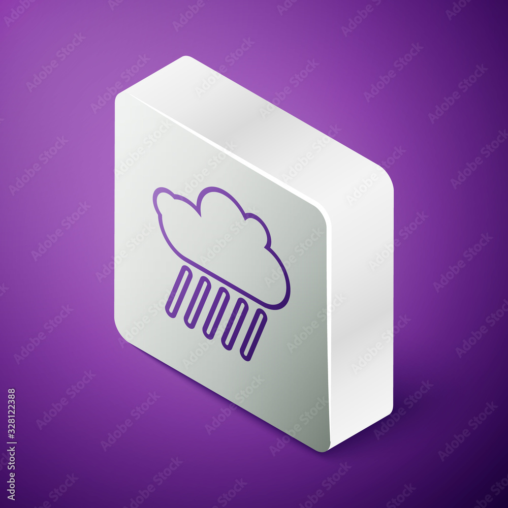 Isometric line Cloud with rain icon isolated on purple background. Rain cloud precipitation with rai