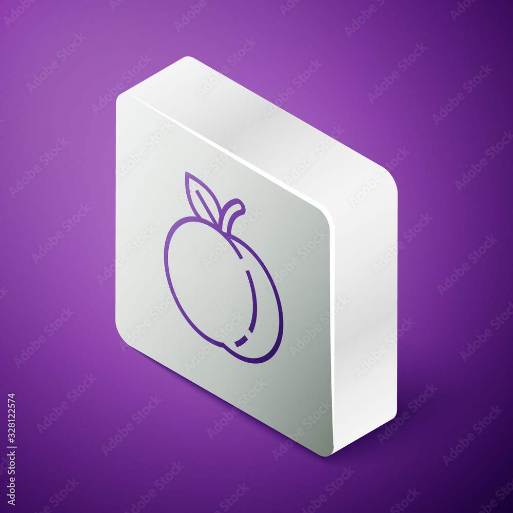 Isometric line Peach fruit or nectarine with leaf icon isolated on purple background. Silver square 