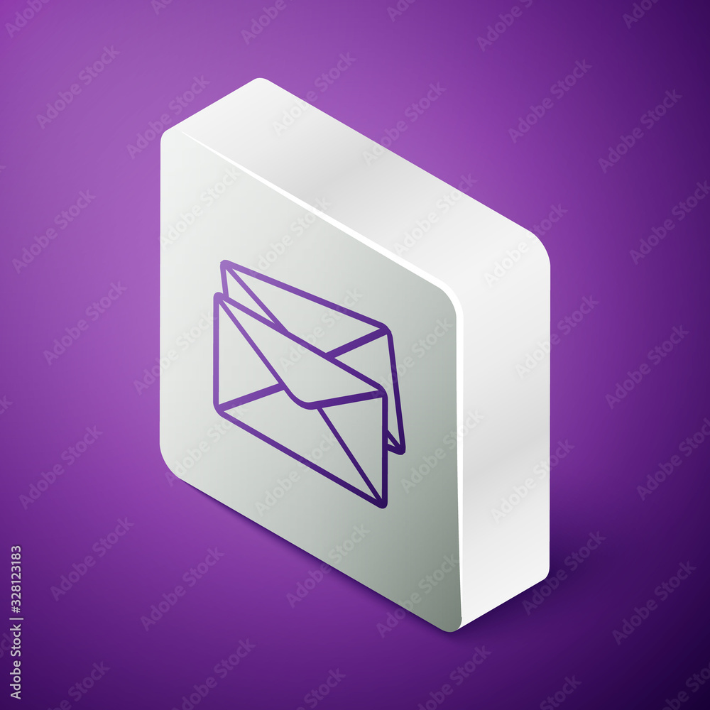 Isometric line Envelope icon isolated on purple background. Email message letter symbol. Silver squa