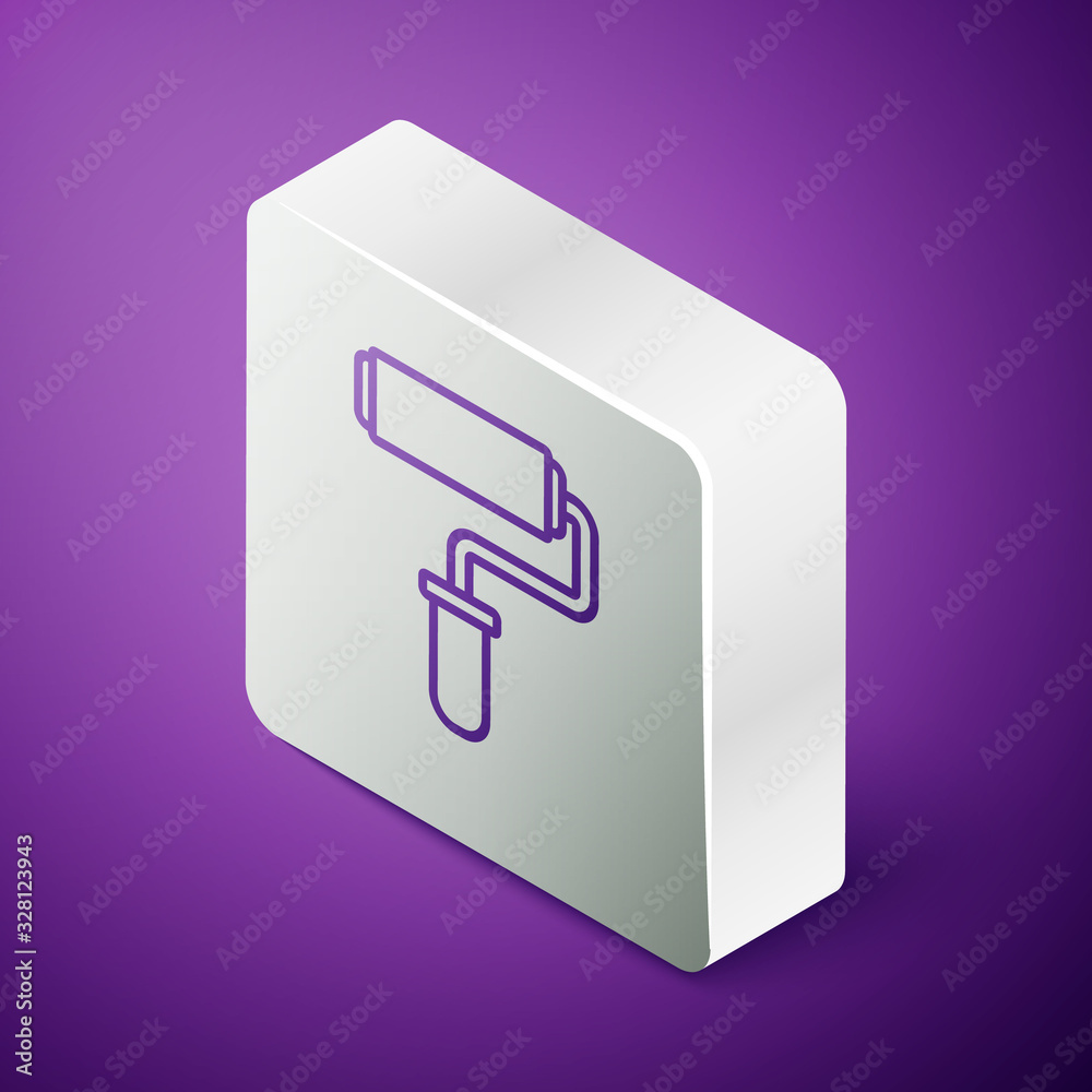 Isometric line Paint roller brush icon isolated on purple background. Silver square button. Vector I