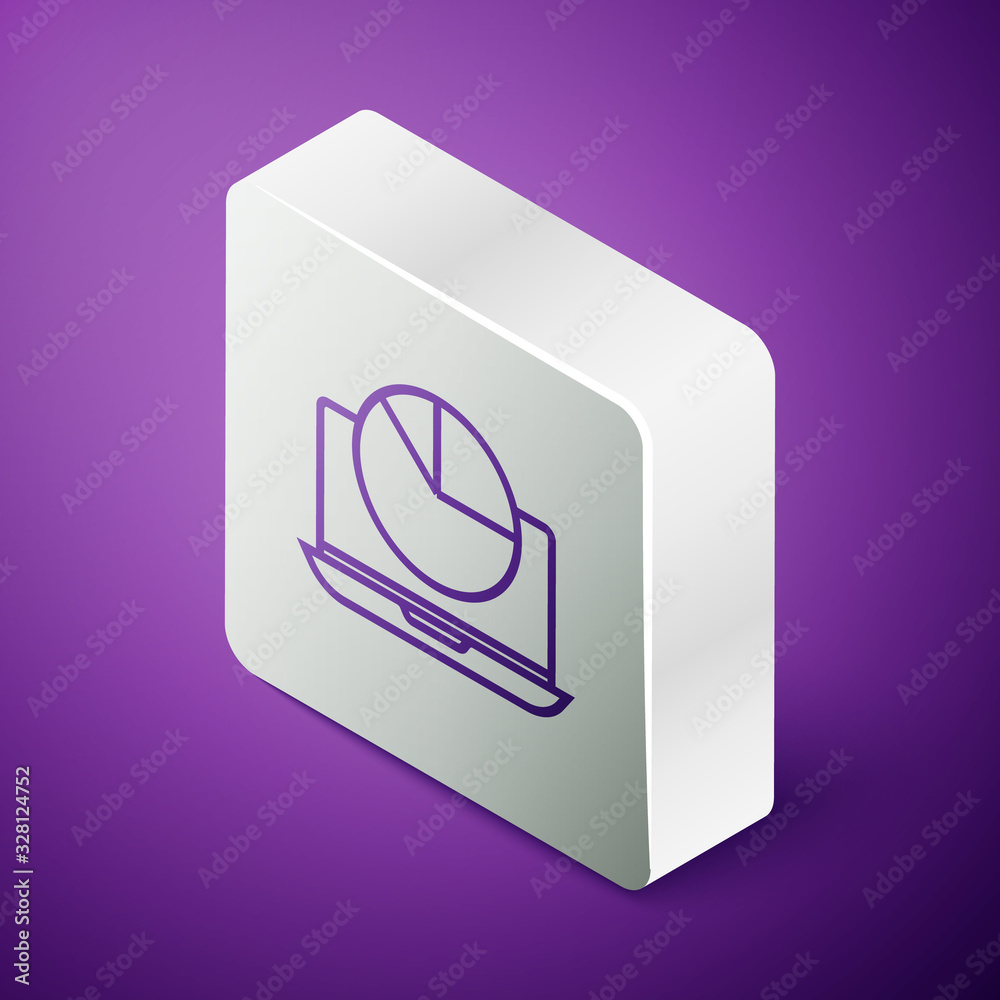 Isometric line Laptop with graph chart icon isolated on purple background. Report text file icon. Ac