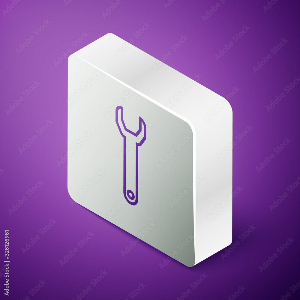 Isometric line Wrench spanner icon isolated on purple background. Silver square button. Vector Illus